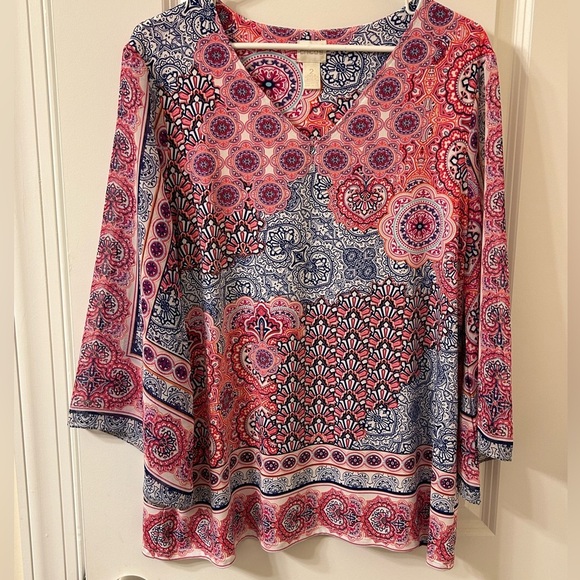Chico's Pink and Red Graphic 3/4 Sleeve Blouse - Picture 1 of 4